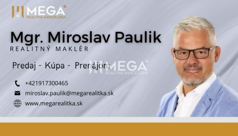 PRENÁJOM PRIESTORU PRE VÝROBU alebo SKLAD HUMENNÉ ulica Sninská - Vizitka realitného makléra s kontaktom a logom Mega Realitnej Kancelárie.