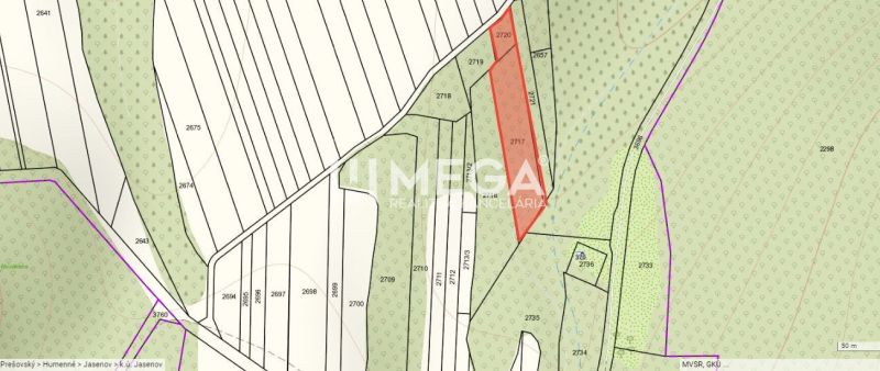 Predaj investičného pozemku v obci Jasenov - Katastrálna mapa v oblasti Jasenov, ulica Jasenov, so zvýraznenou plochou pre zvláštne nehnuteľnosti.
