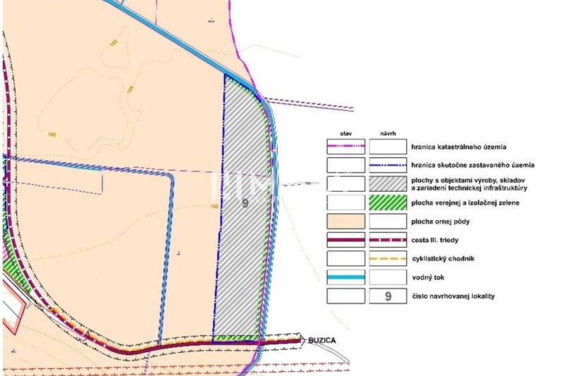 NA PREDAJ: Investičný pozemok 85 291 m² – Rešica, Košice-okolie - Plán územia s označením hraníc a funkčných plôch v oblasti Buzica.