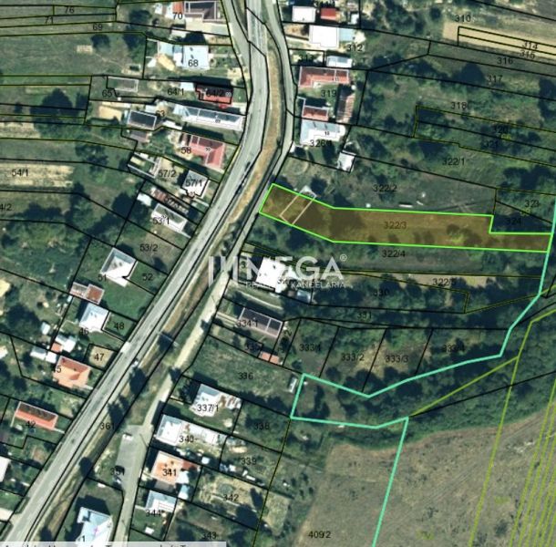 NA PREDAJ STAVEBNÝ POZEMOK – obec TURCOVCE - Mapa pozemkov na bývanie v Turcovciach s vyznačenými parcelami a cestnou sieťou.