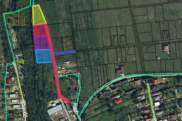 Na predaj pozemky vo Veľkom Šariši - Farebná mapa zobrazujúca plán Výrobných priestorov vo Veľkom Šariši s označenými parcelami.
