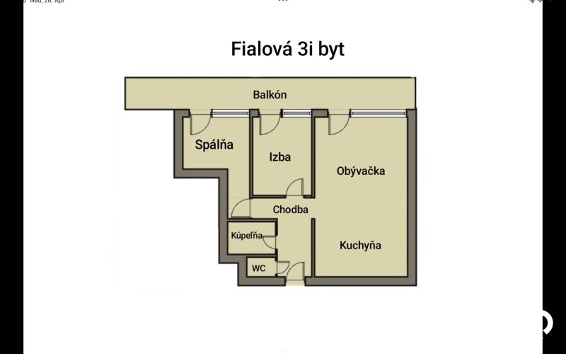 | moderný 3i byt | parkovanie | novostavba | REZERVOVANÝ - Pôdorys 3-izbového bytu s balkónom, chodbou, kuchyňou, obývačkou a kúpeľňou.