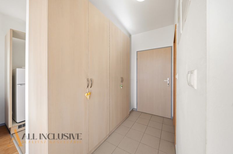 Na predaj 1-izb. s vlastným park. státím, Bratislava  - Vstupná chodba v 1-izbovom byte s úložnými skriňami a dlažbou na podlahe.