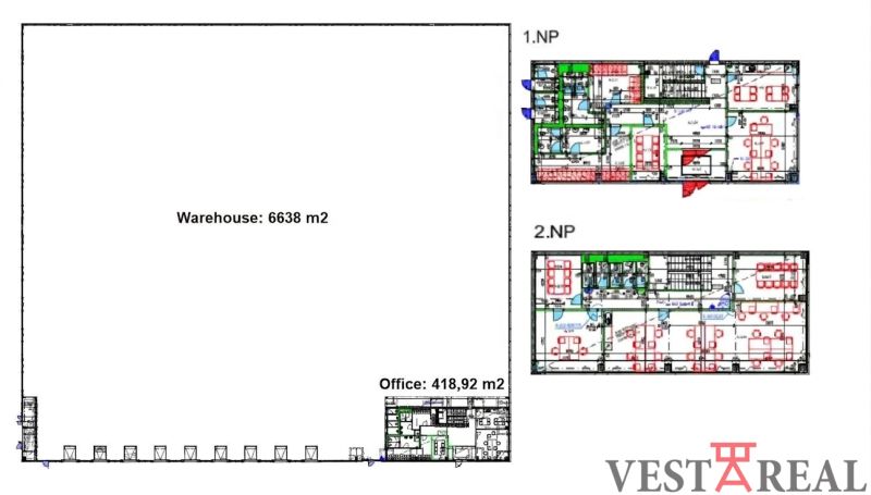Prenájom A-Class logistickej haly s kanceláriami – 7 026 m², Galanta - Pôdorys skladov a hál s kanceláriami, rozmery haly 6638 m², kancelárie 418,92 m².