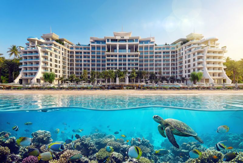 Predaj 3-izbového bytu, Zanzibar - Hotel pri pláži v Paje, v popredí korytnačka a pestrofarebné ryby.