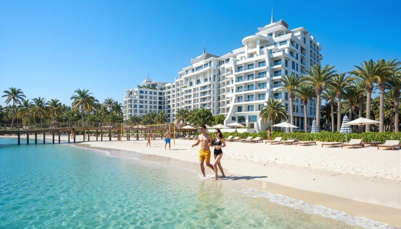 Predaj 4-izbového bytu, Zanzibar - Pláž v Paje s bielym pieskom, palmami a luxusnými apartmánmi v pozadí.