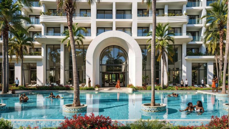 Predaj 4-izbového bytu, Zanzibar - Bazén pri luxusnom hoteli s palmami v Paje.