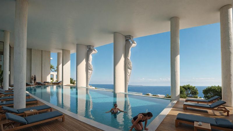 Predaj 5-izbového bytu, Zanzibar - Luxusný bazén v Paje s výhľadom na oceán a modernými sochami.