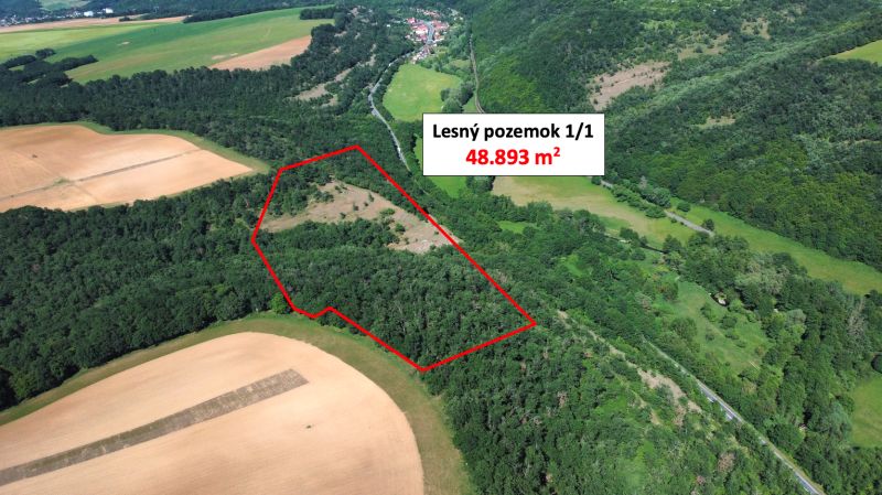Domaníky – 49.000 m2 LESNÝ REKREAČNÝ POZEMOK v podiele 1/1 - Letecký pohľad na lesný pozemok v Domaníkoch s rozlohou 48.893 m².