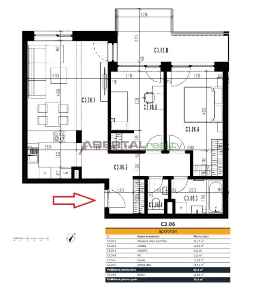 3-izb. byt na prenájom, Rovinka – novostavba, klimatizácia, parkovanie - Pôdorys 3-izbového bytu s rozložením miestností a uvedenými plochami jednotlivých častí.