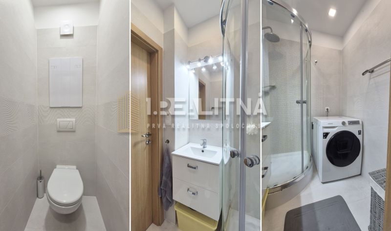 MODERNÝ DVOJIZBOVÝ BYT, 37M2, DÚBRAVKA - Kúpeľňa v 1-izbovom byte so sprchovým kútom, práčkou a bielym obkladom.