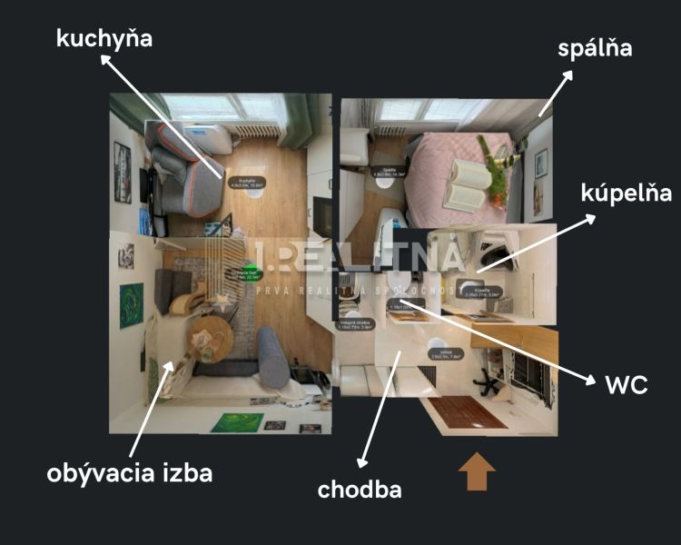 MODERNÝ DVOJIZBOVÝ BYT, 37M2, DÚBRAVKA - Pôdorys 2-izbového bytu s kuchyňou, obývacou izbou, spálňou, kúpeľňou a WC.