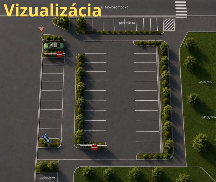 Na predaj rovinatý pozemok pre parkovisko 778m2 -  Zvolen-Západ P098ZL - Parkovisko na Novozámockej ulici vo Zvolene, Banskobystrický kraj, Slovensko obklopené zeleňou.