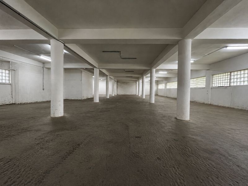 Na  prenájom vykurovaný sklad s nakladacou rampou, 540 m² - Zvolen - Priestranný interiér s betónovou podlahou a bielymi stĺpmi v skladoch a halách.