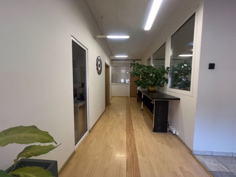 Prenájom skladové priestory s kanceláriami od 200 m² – Banská Bystrica - Chodba s podlahou s dreveným dekorom, rastliny a dekoratívne prvky vo výrobných priestoroch.