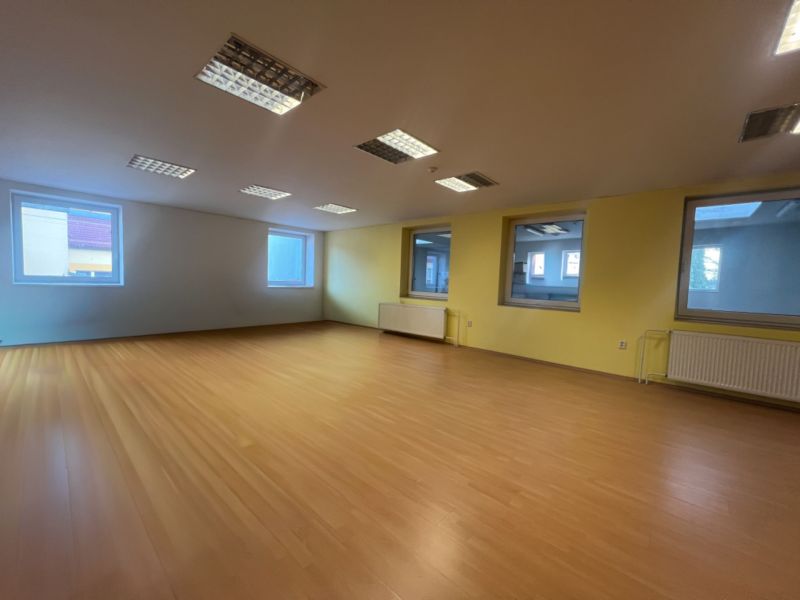 Sklad + kancelárie 1349 m² logistický objekt s rampami -Banská Bystria - Priestranná miestnosť s oknami a podlahou s dreveným dekorom, Sklady a haly.