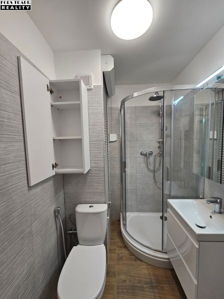 Predáme novorekonštruovanú garzonku v Šali - Kúpeľňa s toaletou, sprchovacím kútom a skrinkou v garsónke s podlahou s dreveným dekorom.