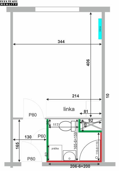 Predáme novorekonštruovanú garzonku v Šali - Pôdorys garsónky s kuchynskou linkou a kúpeľňou obsahujúcou práčku a toaletu.