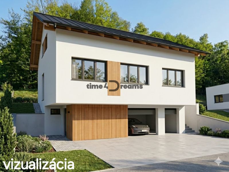 NOVÁ CENA-NA PREDAJ- 5i rodinný dom Zvolenská Slatina - Rodinný dom v Zvolene s bielou fasádou, drevenými prvkami a dvojgarážou.