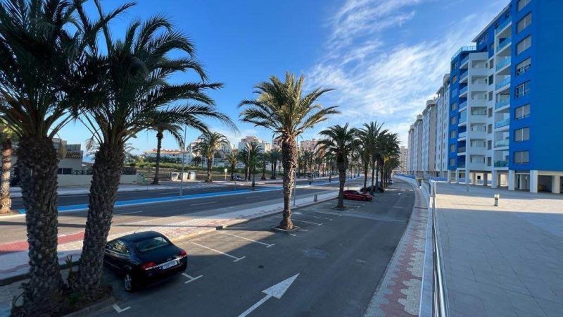 Na predaj apartmán - Mar Menor, Španielsko A500ZL - Palmové stromy a pozdĺž cesty zaparkované autá pri apartmánoch v La Manga del Mar Menor, Španielsko.
