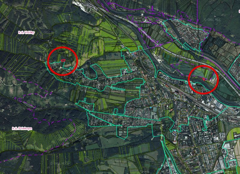 Vrútky – 920 m2 POZEMKY na okraji intravilánu - Mapa zobrazuje poľnohospodárske a lesné pozemky v oblasti Vrútok.