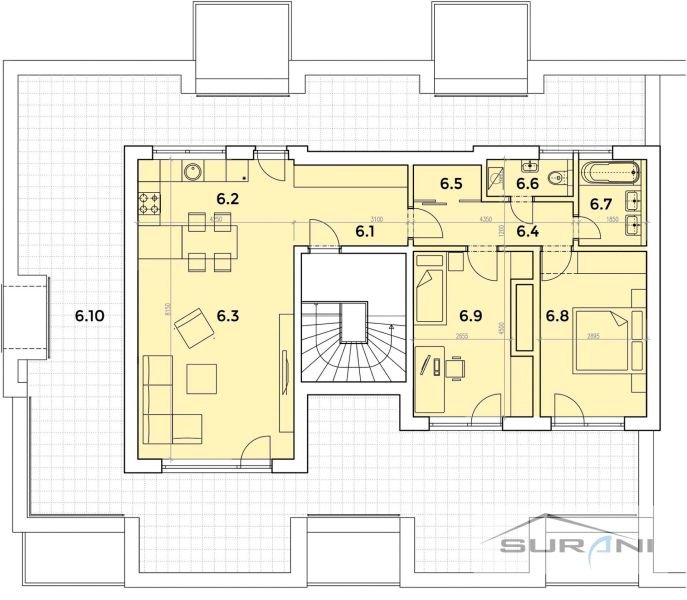 Nový 3-izbový byt 82 m² | Terasa 97 m² | Mesačná ulica | Hviezdoslavov - Pôdorys zobrazuje 3-izbový byt s terasou, kuchyňou, obývačkou a dvoma spálňami.