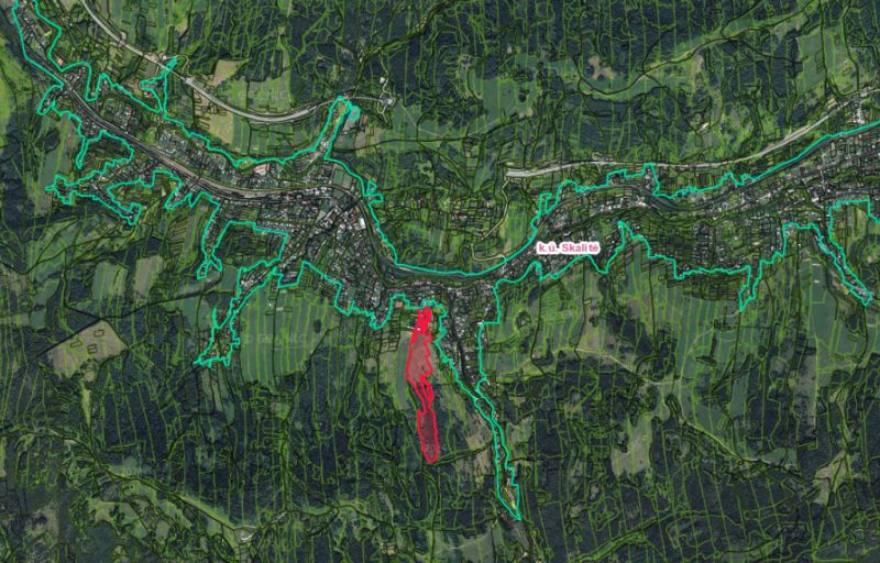 Skalité – 6.300 m2 ORNÁ PÔDA v pozemkových úpravách - Letecký pohľad na poľnohospodárske a lesné pozemky v okolí Skalité.
