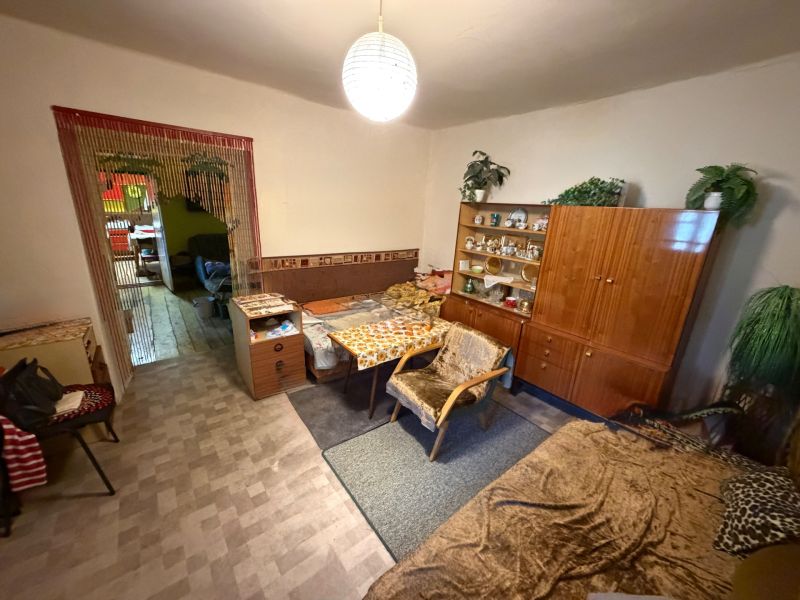 Rodinný dom s veľkým pozemkom v meste Nesvady  - Izba v rodinnom dome s nábytkom, lustrami a rastlinami, pôsobí útulne.