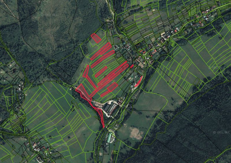 Nová Bystrica – 8.500 m2 ORNÁ PÔDA - Letecká mapa poľnohospodárskych a lesných pozemkov v okolí obce Nová Bystrica.