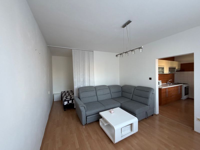 3 izbový byt s balkónom v meste Levice - Štýlová obývacia izba v 3-izbovom byte s podlahou s dreveným dekorom.