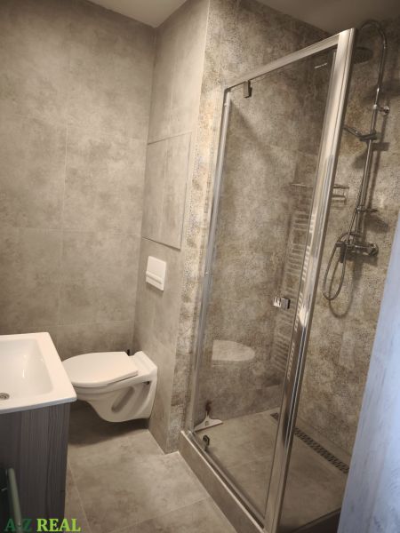 Prenájom 2 izbového bytu v blízkosti Horského parku - Mozartova ul. - Kúpeľňa v 2-izbovom byte s walk-in sprchou a toaletou, všetko v šedej farebnej schéme.