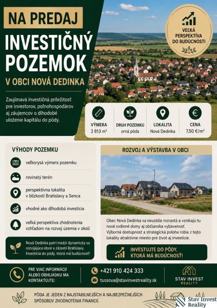 Investičný pozemok  - Nová Dedinka  - Ponuka investičného poľnohospodárskeho pozemku v Novej Dedinke s perspektívou zhodnotenia.