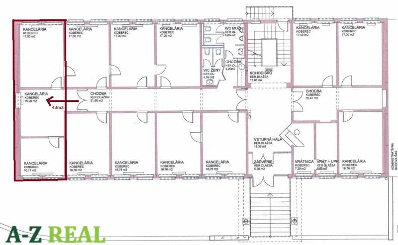 Prenájom kancelárie Ružinov, Sabinovská ul., 33m2,43 m2  - Pôdorys kancelárií s kobercom, rozvrhnutie miestností a chodieb.