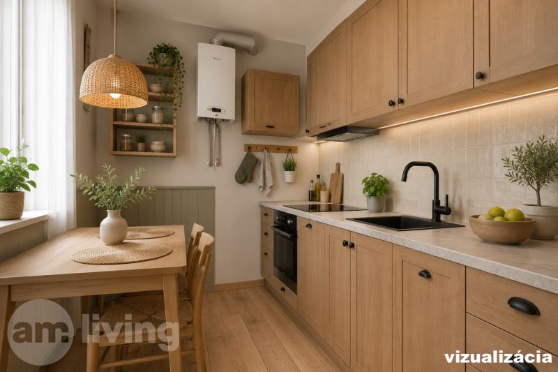 TOP LOKALITA - 3i 67m2 + loggia - Švermova Trenčín - Kuchyňa v 3-izbovom byte s dreveným dekorom, minimalistický interiér, zelené rastliny.