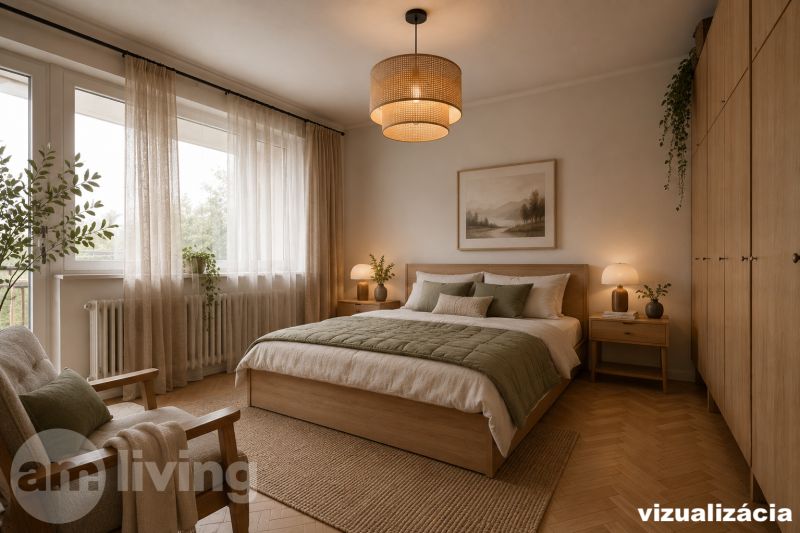 TOP LOKALITA - 3i 67m2 + loggia - Švermova Trenčín - Spálňa s pohodlnou posteľou, kreslom a podlahou s dreveným dekorom v 3-izbovom byte.