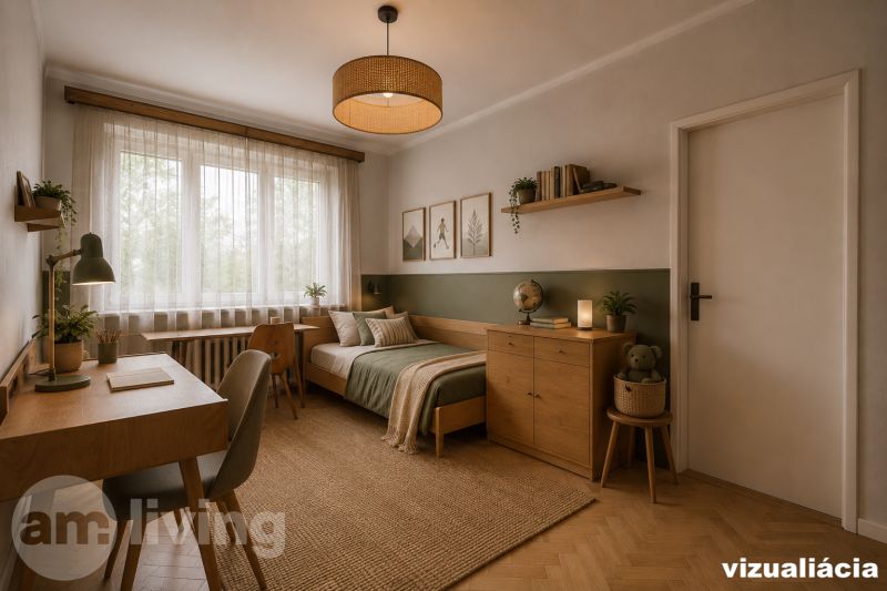 TOP LOKALITA - 3i 67m2 + loggia - Švermova Trenčín - Detská izba v 3-izbovom byte s podlahou s dreveným dekorom, vyzdobená zelenými doplnkami.