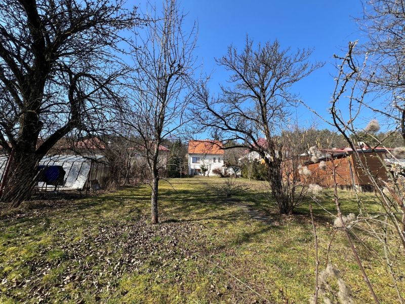 ROVINATÝ POZEMOK  S PRÍSTUPOM Z DVOCH STRÁN+ RODINNÝ DOM – B. Bystrica - Záhrada v okrese Banská Bystrica okolo rodinného domu s trávnikom a stromami.