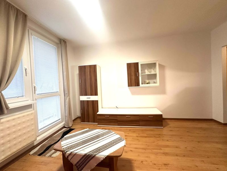 ☎️ 0918/197 701 Na prenájom garsónka s balkónom aj s výťahom   v centr - Rekreačný apartmán s podlahou s dreveným dekorom, nábytkom a veľkým oknom.