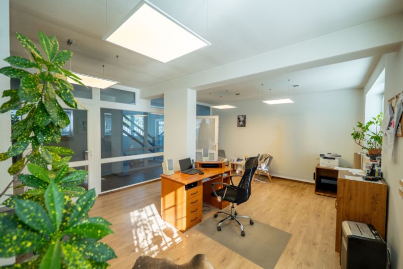 PREVÁDZKOVÝ AREÁL– HALA, ADMINISTRATÍVA, POZEMOK 1405 m² - B. Bystrica - Kancelária s podlahou s dreveným dekorom, rastlinami a moderným osvetlením. Zvláštne nehnuteľnosti.