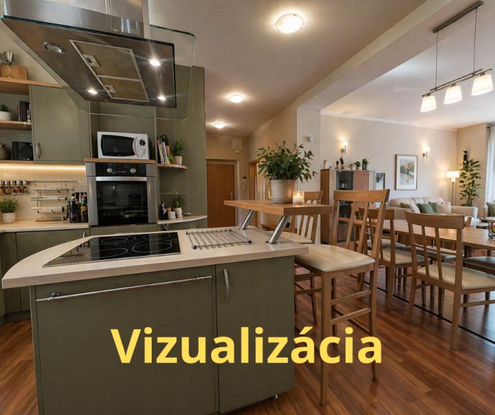 Na predaj priestranný 4-izbový byt - Robotnícka ulica, Banská Bystrica - Otvorená kuchyňa a obývacia izba s podlahou s dreveným dekorom v 4-izbovom byte.