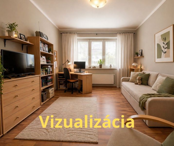 Na predaj priestranný 4-izbový byt - Robotnícka ulica, Banská Bystrica - Obývačka v 4-izbovom byte s podlahou s dreveným dekorom a pohodlnou sedačkou.