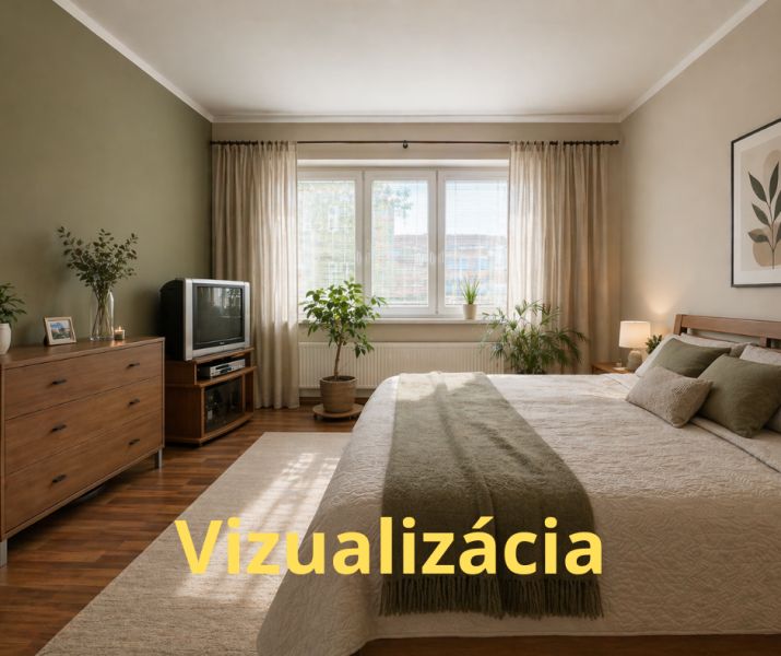 Na predaj priestranný 4-izbový byt - Robotnícka ulica, Banská Bystrica - Spálňa s podlahou s dreveným dekorom, televízorom a priestrannou posteľou v 4-izbovom byte.