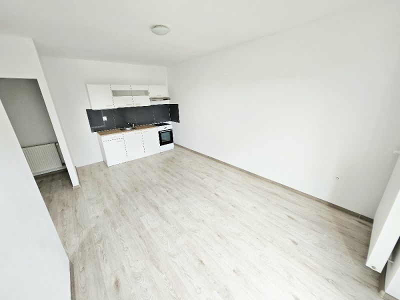 PRENÁJOM 1 IZBOVÝ BYT /34 M2/ SEVER / BALKÓN/ PIVNICA - Kuchynská linka a podlaha s dreveným dekorom v 1-izbovom byte.