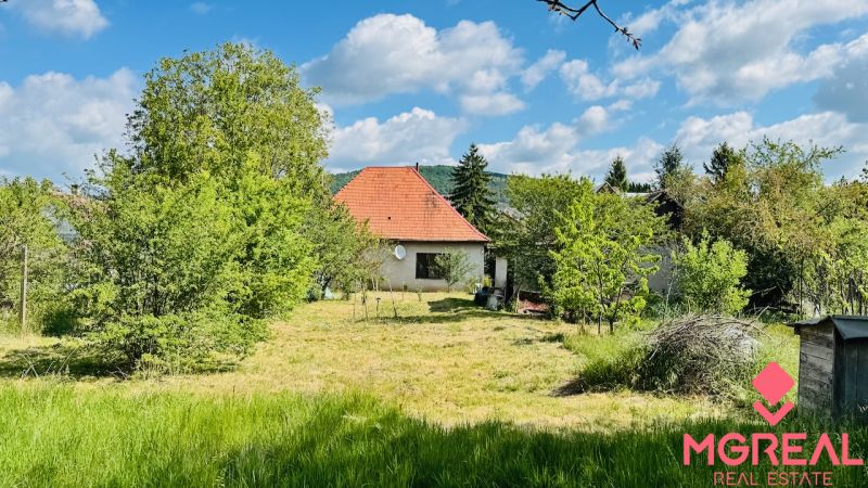 Na predaj 6-izbový rodinný dom (dvojdom) v Pažiti, pozemok 1445 m² - Rodinný dom v Pažiti obklopený stromami a trávnikom s červenou strechou.