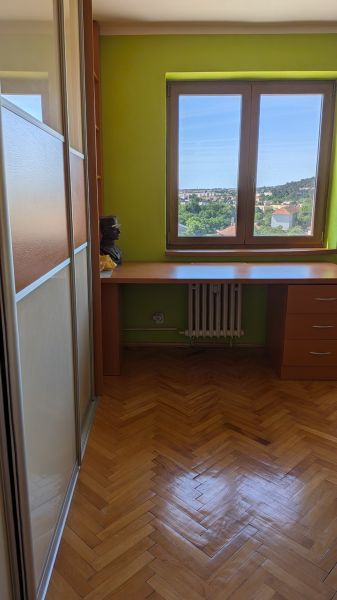 3 izbový byt v centre mesta na Štúrovej ulici s krásnym výhľadom - Izba s podlahou s dreveným dekorom, zelenou stenou a výhľadom z 3-izbového bytu.
