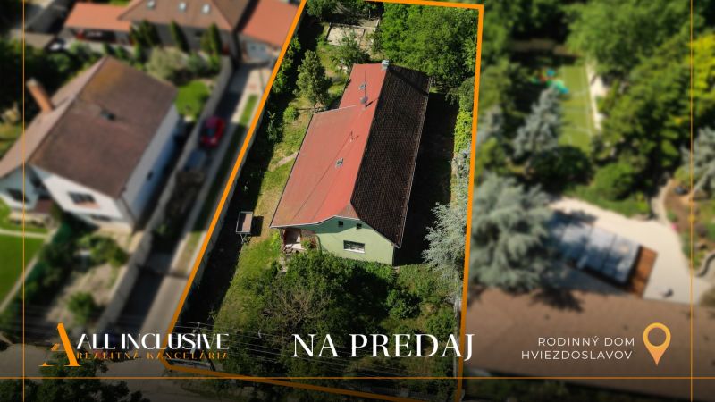 Na predaj 3-izb. rd s veľkým pozemkom, Hviezdoslavov - Letecký pohľad na rodinný dom v Hviezdoslavove obklopený zeleňou a záhradou.