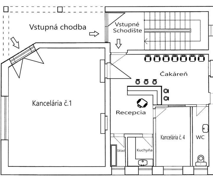 Prenájom Kancelárie 110 m² v centre Ružomberka - Pôdorys kancelárie s recepciou, čakárňou, kuchyňou a skladom.