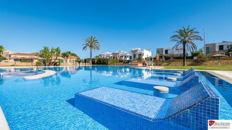 2-izb. bungalov so záhradou, Cala Murada, Mallorca - Bazén pri rekreačnom apartmáne v Cala Murada na Malorke s palmami a ležadlami.