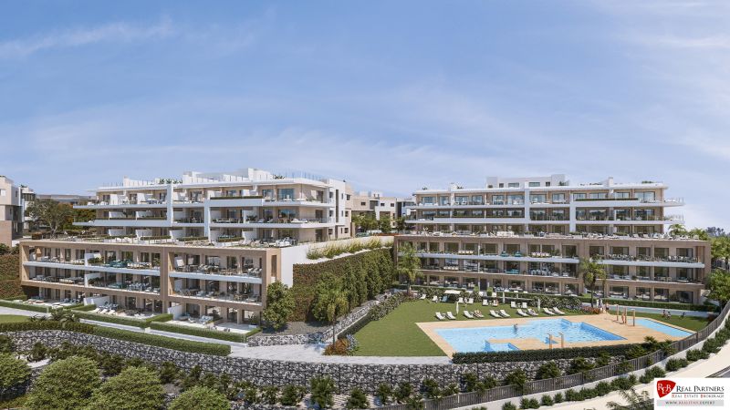 1-izbový apartmán s výhľadom na more, Estepona, Costa del Sol - Rekreačný apartmán v Estepona s bazénom a terasami, pozdĺž zelenej záhrady.