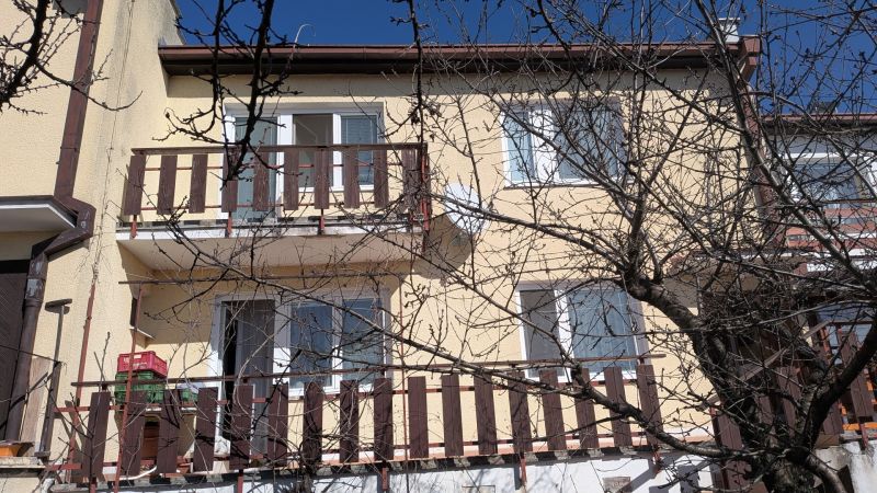 Radový domček na Zobore s výhľadom na mesto, Ružová ulica, garáž - Rodinný dom na Ružovej ulici v Nitre s balkónmi a bezlistým stromom.